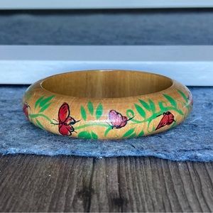 Vintage Hand Painted Butterfly Wood Bangle Bracelet